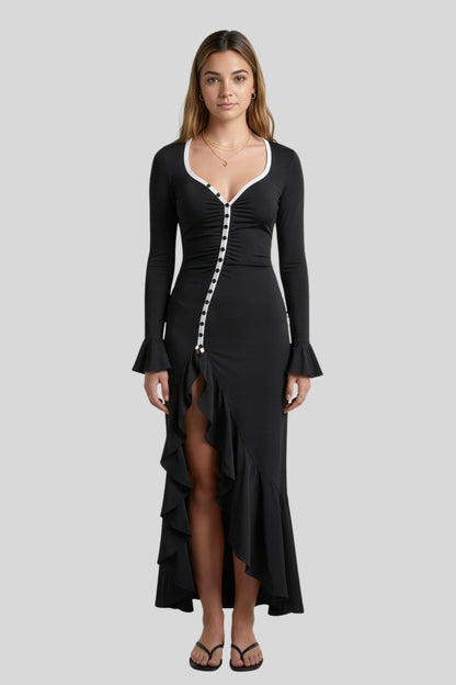 Long Bell Sleeve Button Slit Dress Black