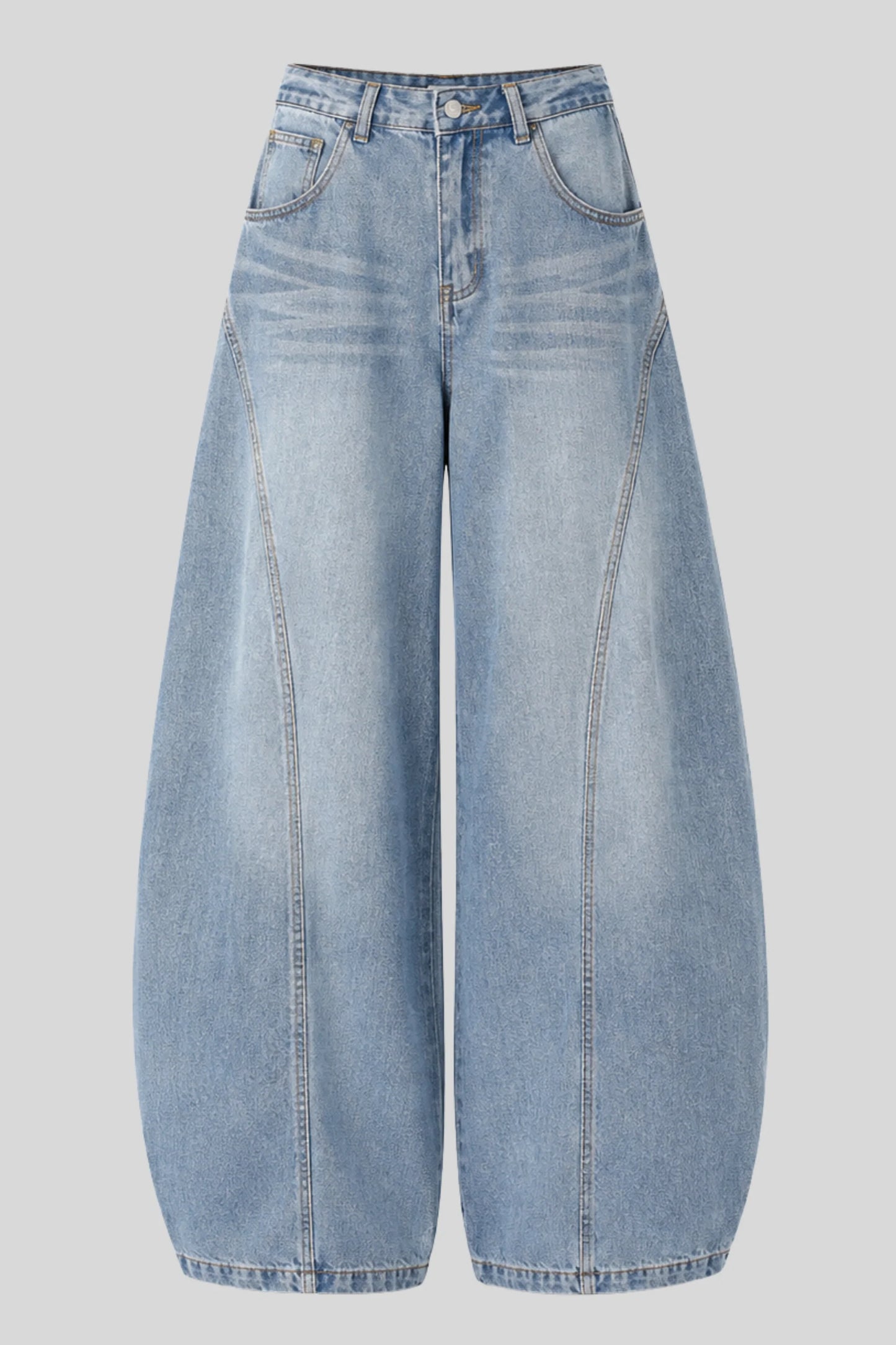 Curved Seam Balloon Wide-Leg Jeans – Light Blue Blue