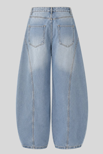 Curved Seam Balloon Wide-Leg Jeans – Light Blue Blue