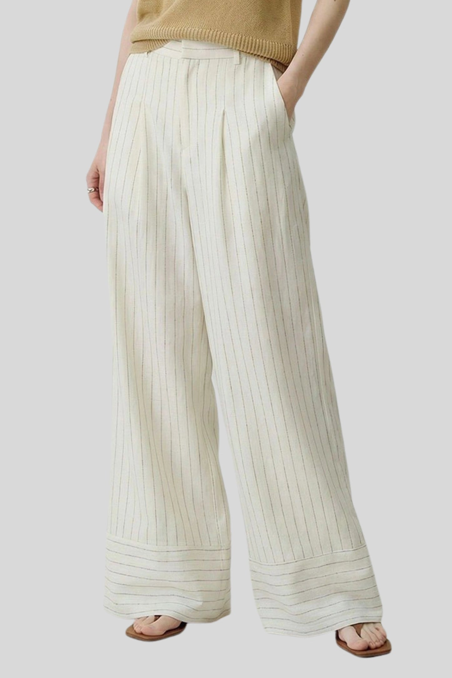 High-Waisted Pinstripe Wide-Leg Pants – White