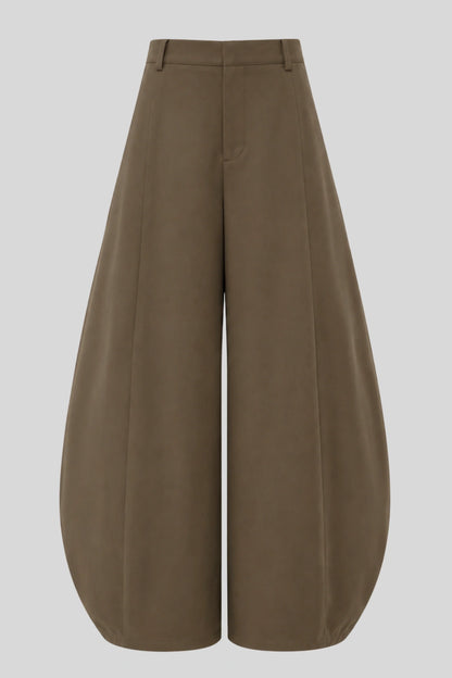 High-Waisted Pleated Balloon Wide-Leg Pants – Brown Brown