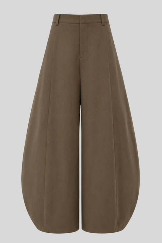 High-Waisted Pleated Balloon Wide-Leg Pants – Brown Brown