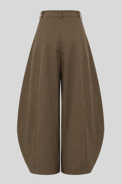 High-Waisted Pleated Balloon Wide-Leg Pants – Brown Brown