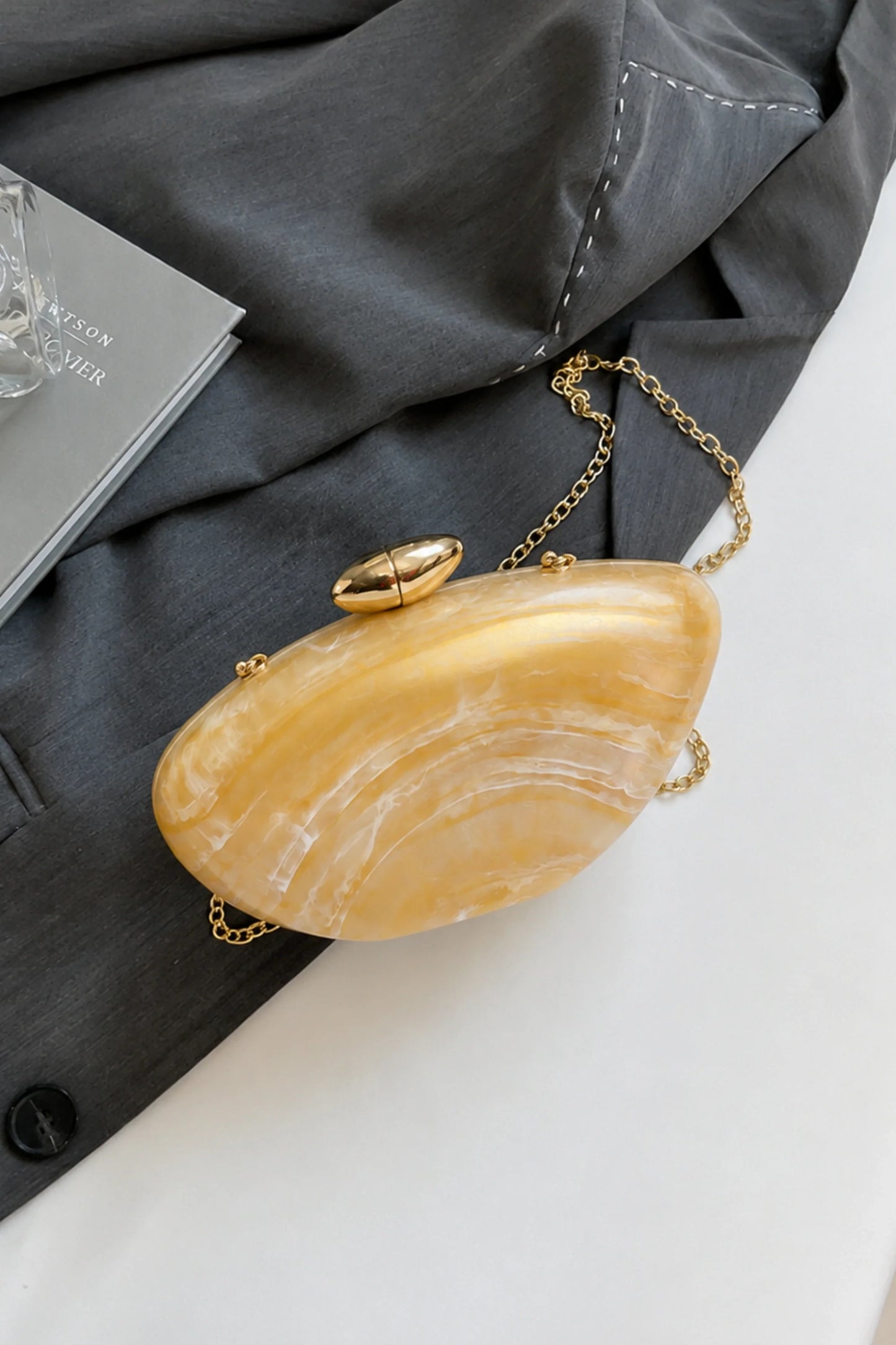 Marble Acrylic Oval Egg Clutch Crossbody Bag Gold