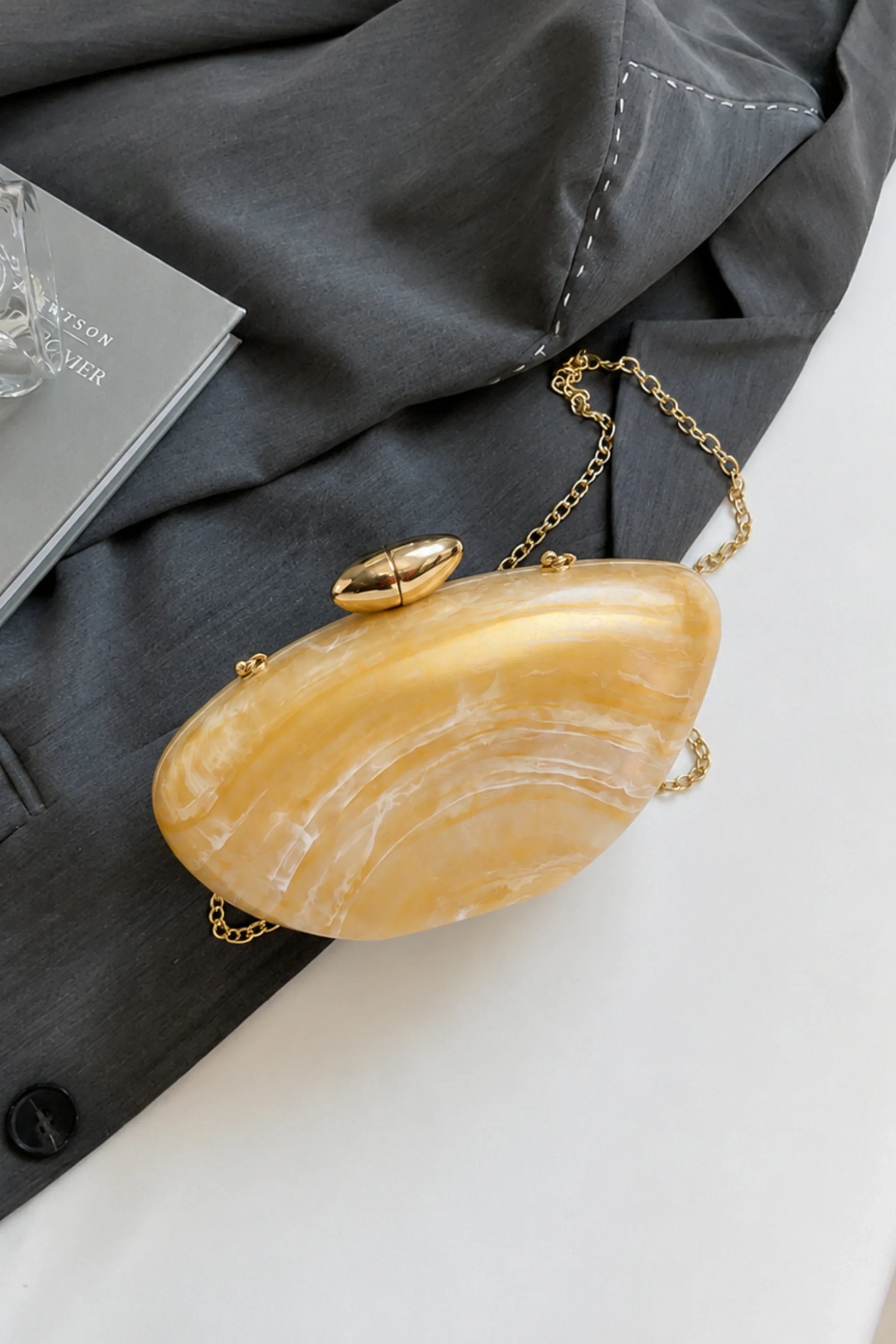 Marble Acrylic Oval Egg Clutch Crossbody Bag Gold