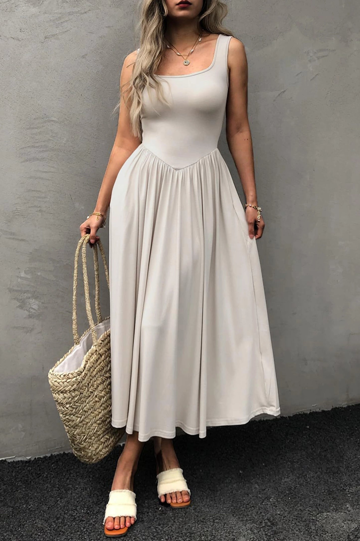 Alzya Midi Dress, Sleeveless, Straight Neckline, Fit & Flare Cut white