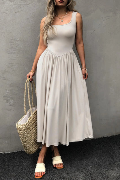 Alzya Midi Dress, Sleeveless, Straight Neckline, Fit & Flare Cut white