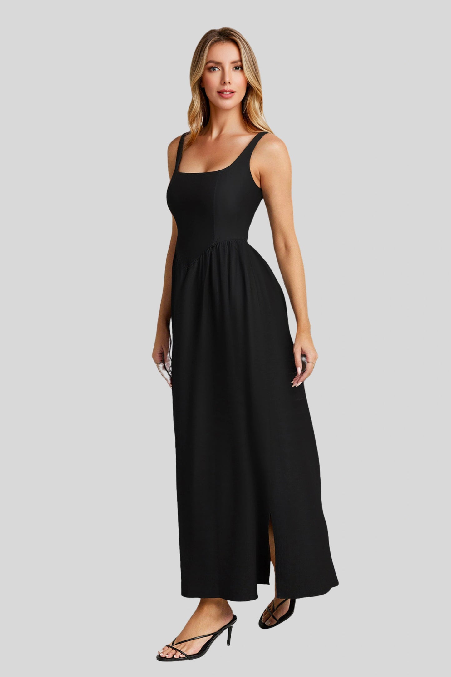 Alzya Midi Dress, Sleeveless, Straight Neckline, Fit & Flare Cut black