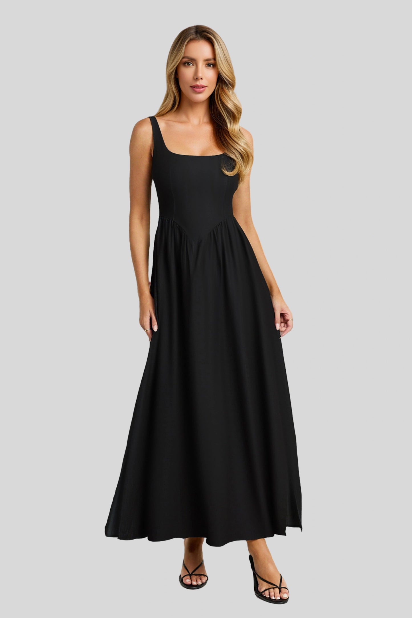 Alzya Midi Dress, Sleeveless, Straight Neckline, Fit & Flare Cut black