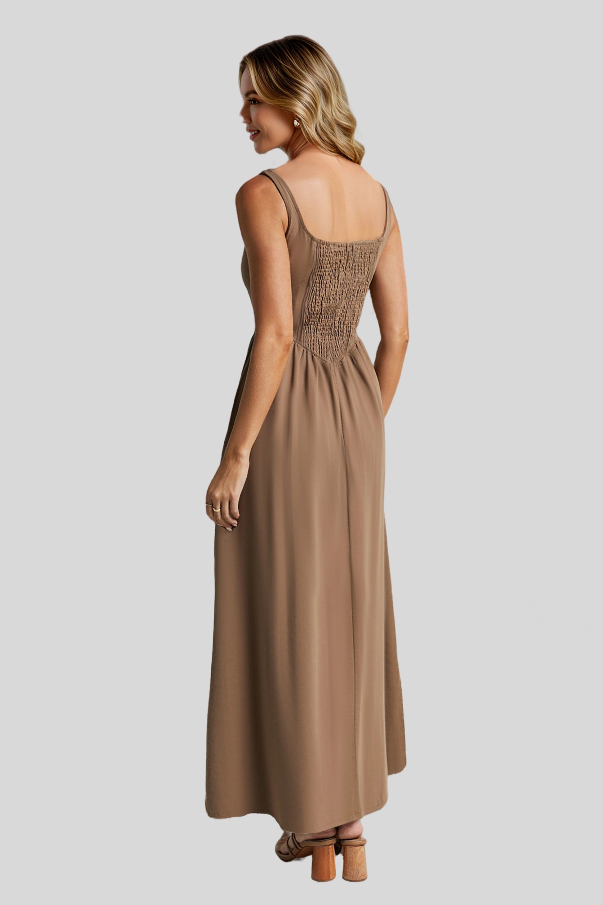 Alzya Midi Dress, Sleeveless, Straight Neckline, Fit & Flare Cut khaki