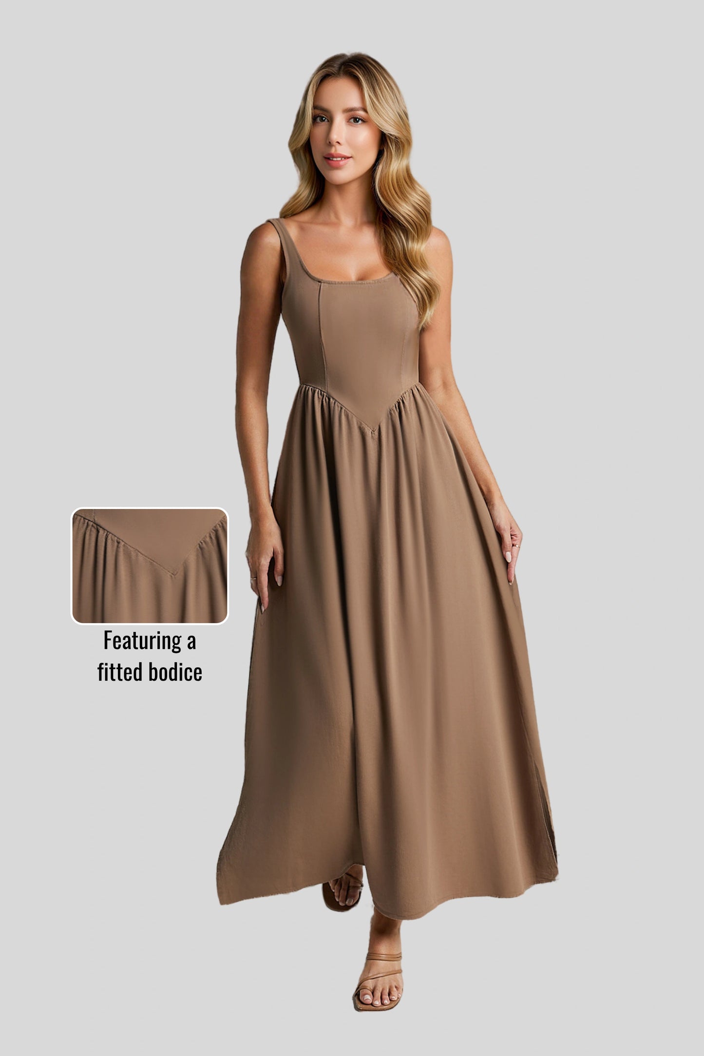 Alzya Midi Dress, Sleeveless, Straight Neckline, Fit & Flare Cut khaki