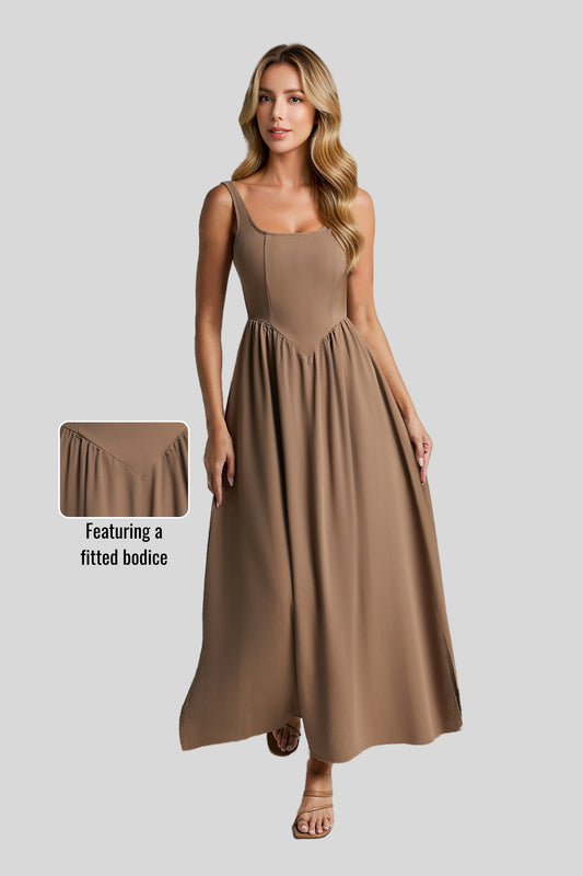 Alzya Midi Dress, Sleeveless, Straight Neckline, Fit & Flare Cut khaki