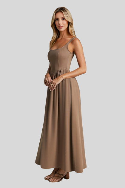 Alzya Midi Dress, Sleeveless, Straight Neckline, Fit & Flare Cut khaki