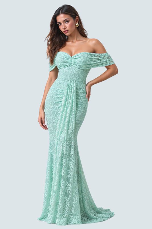 Mint Lace Bardot-Neck Maxi Dress with Gathered Detailing Mint