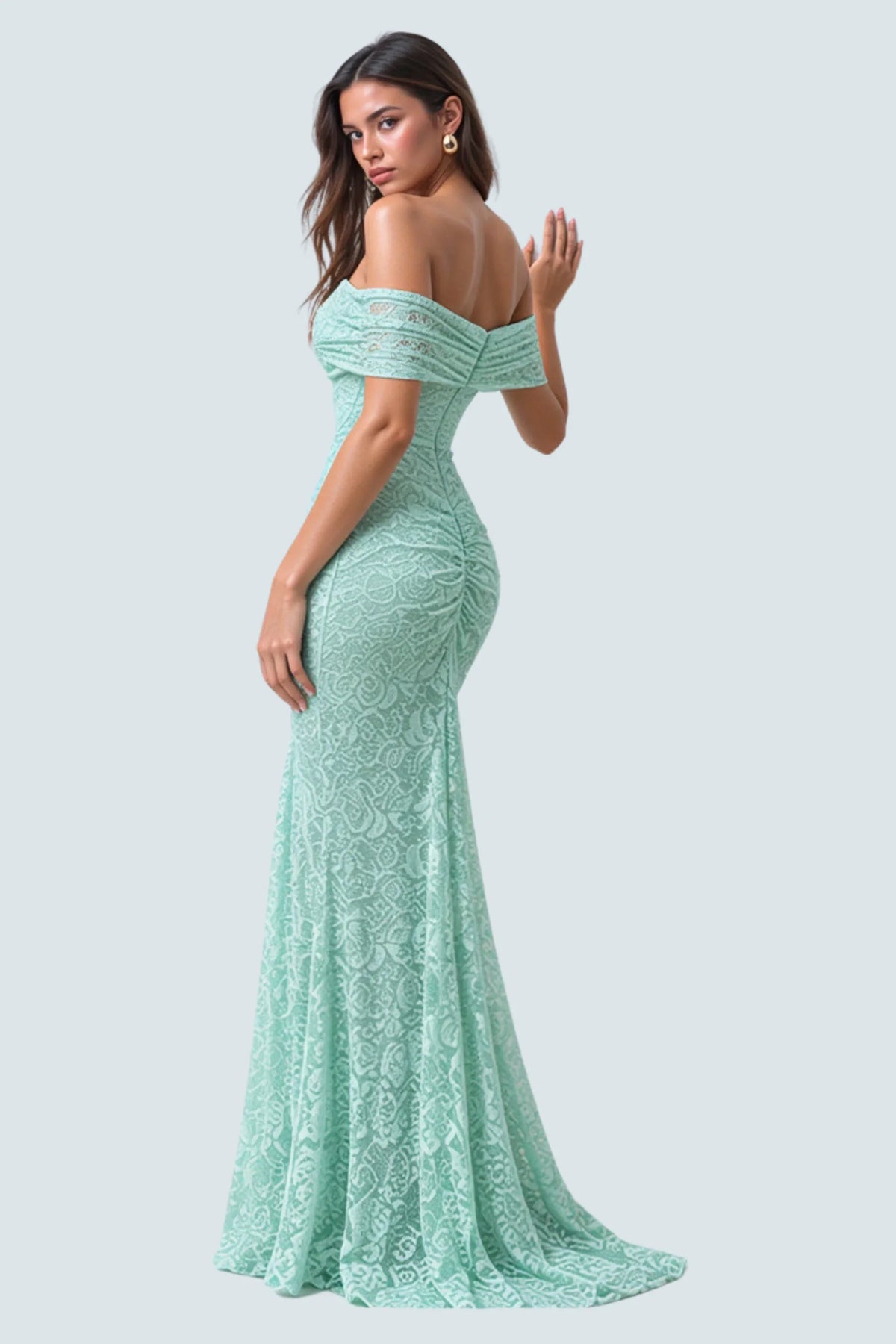 Mint Lace Bardot-Neck Maxi Dress with Gathered Detailing Mint