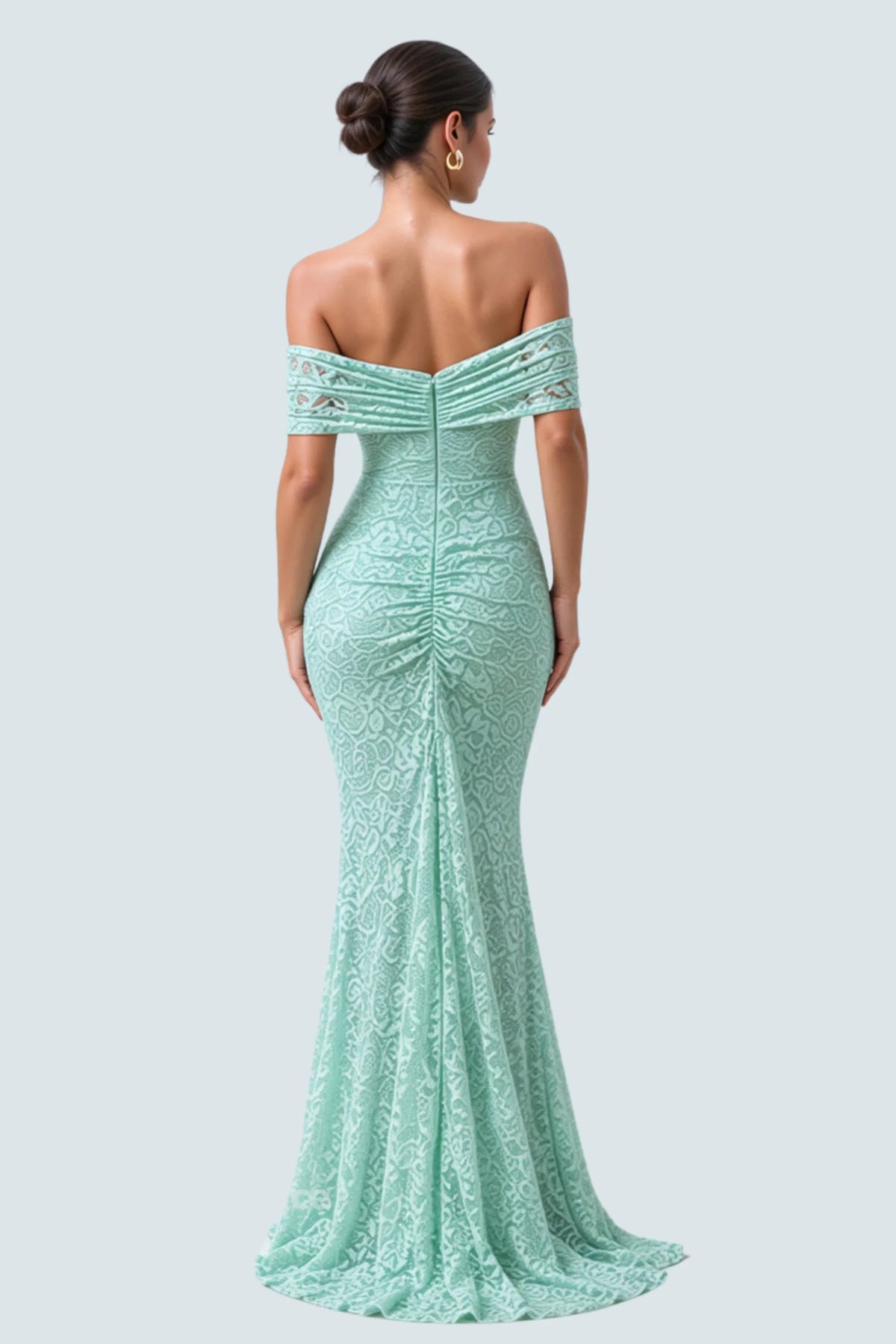 Mint Lace Bardot-Neck Maxi Dress with Gathered Detailing Mint