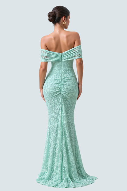 Mint Lace Bardot-Neck Maxi Dress with Gathered Detailing Mint