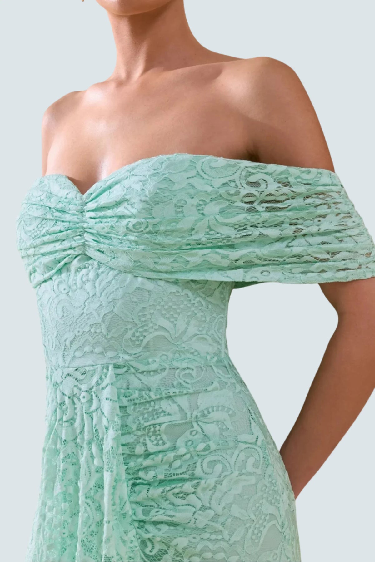 Mint Lace Bardot-Neck Maxi Dress with Gathered Detailing Mint