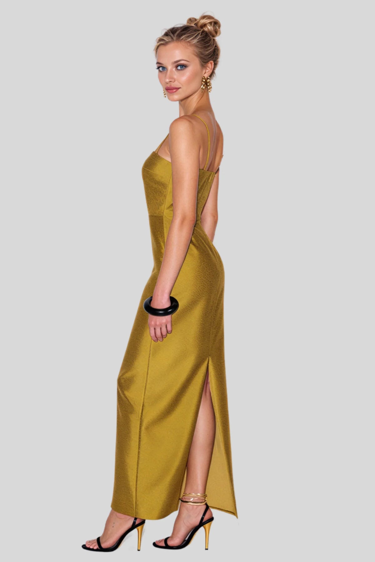 Mustard Satin Column Maxi Dress with Back Slit Mustard
