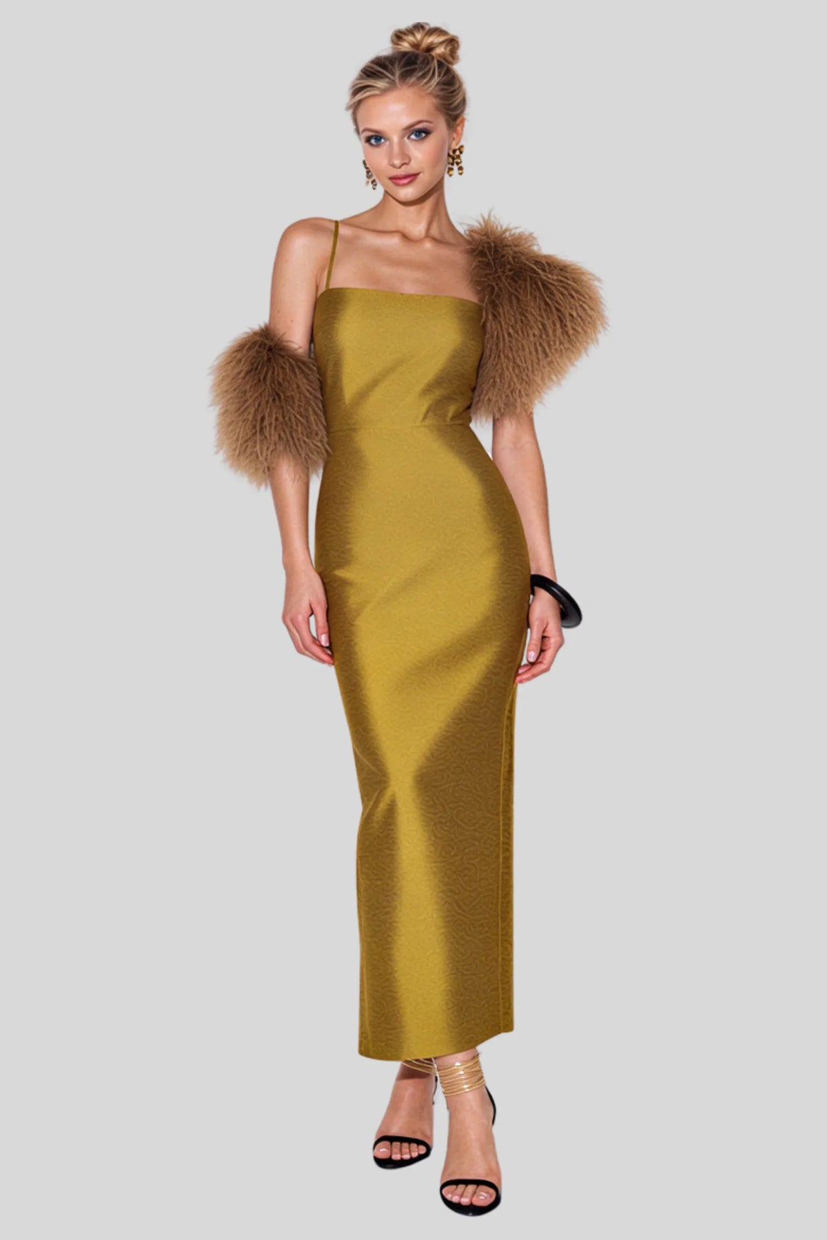 Mustard Satin Column Maxi Dress with Back Slit Mustard