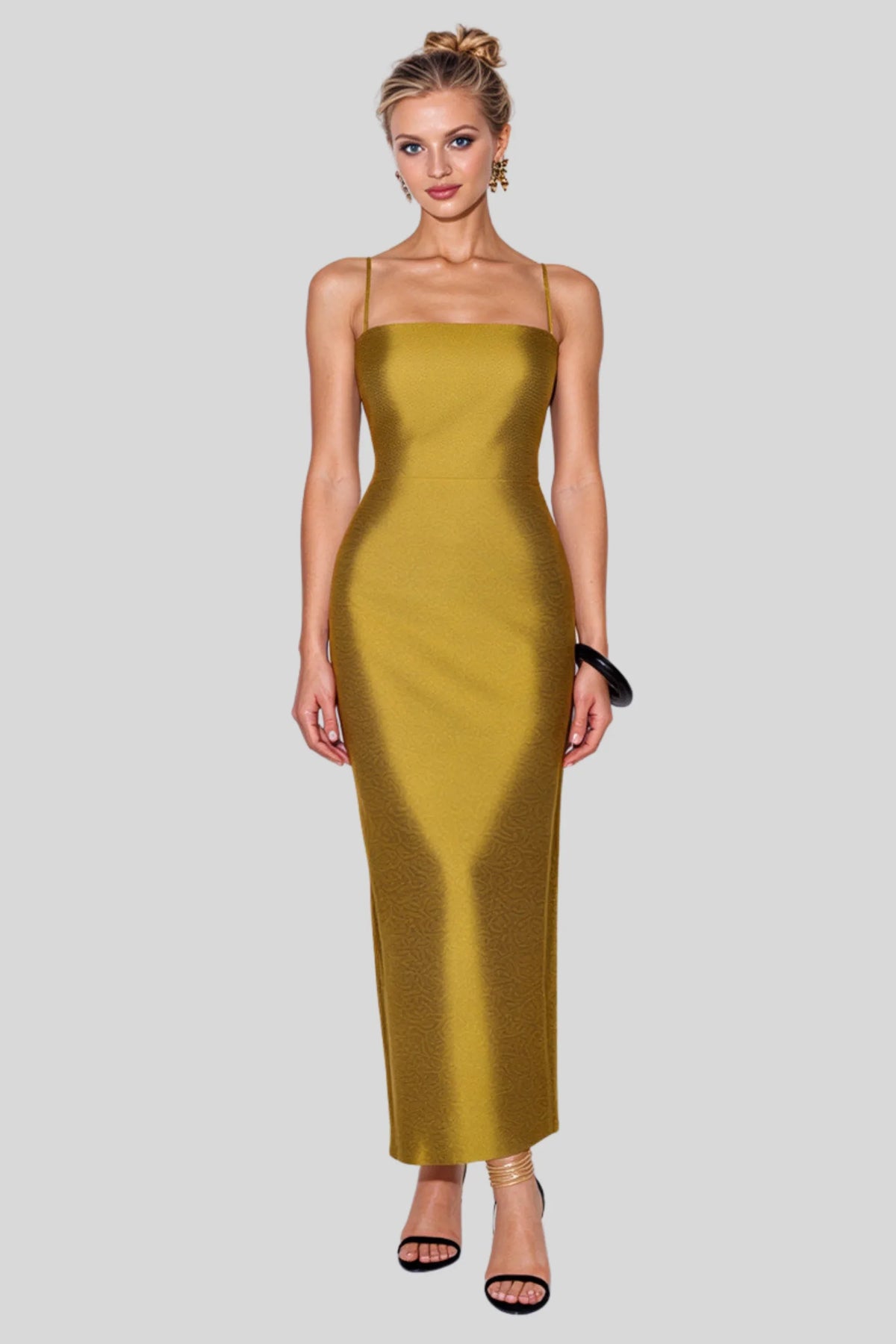 Mustard Satin Column Maxi Dress with Back Slit Mustard