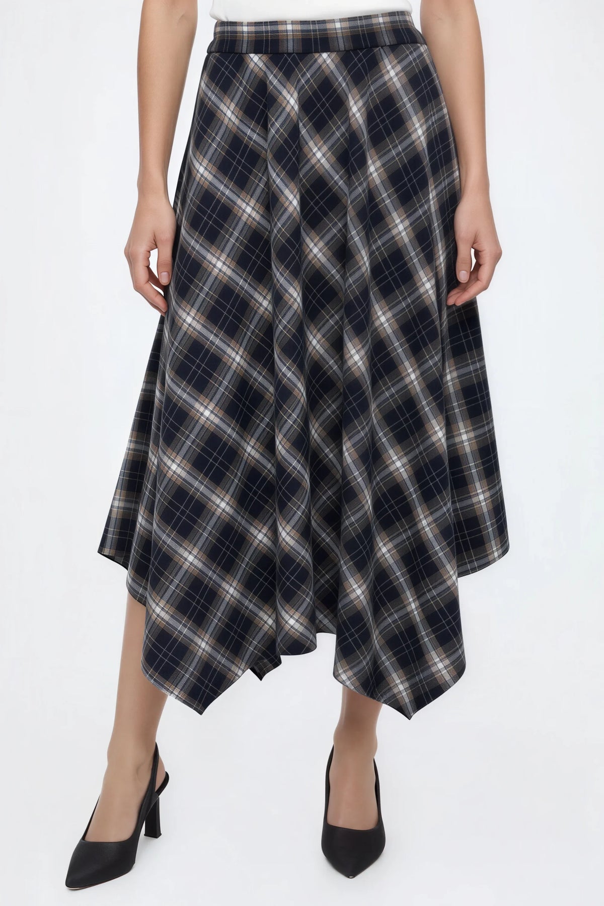 Navy Plaid Asymmetric Midi Skirt Navy