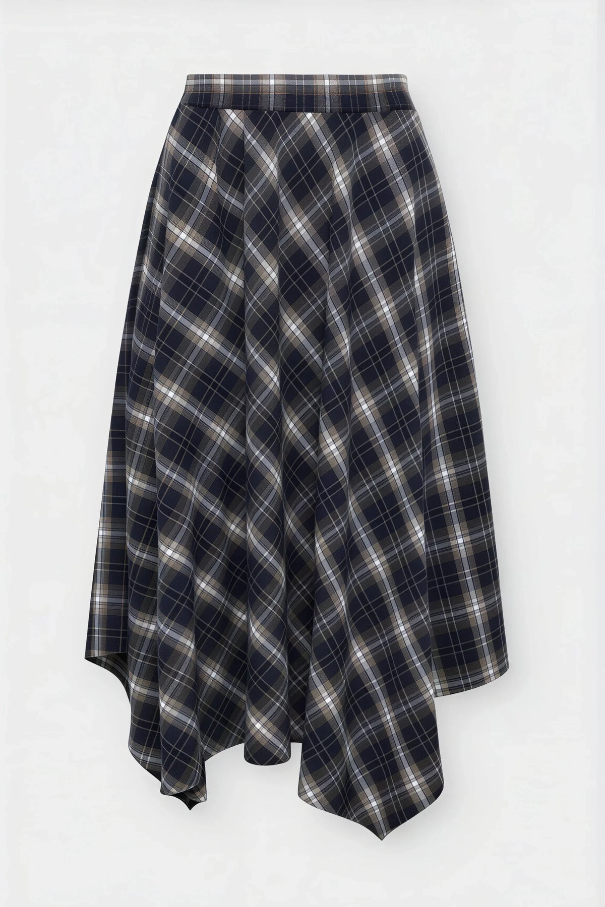 Navy Plaid Asymmetric Midi Skirt Navy