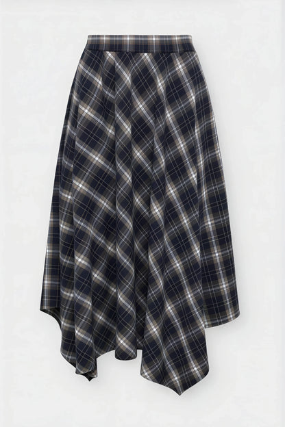 Navy Plaid Asymmetric Midi Skirt Navy