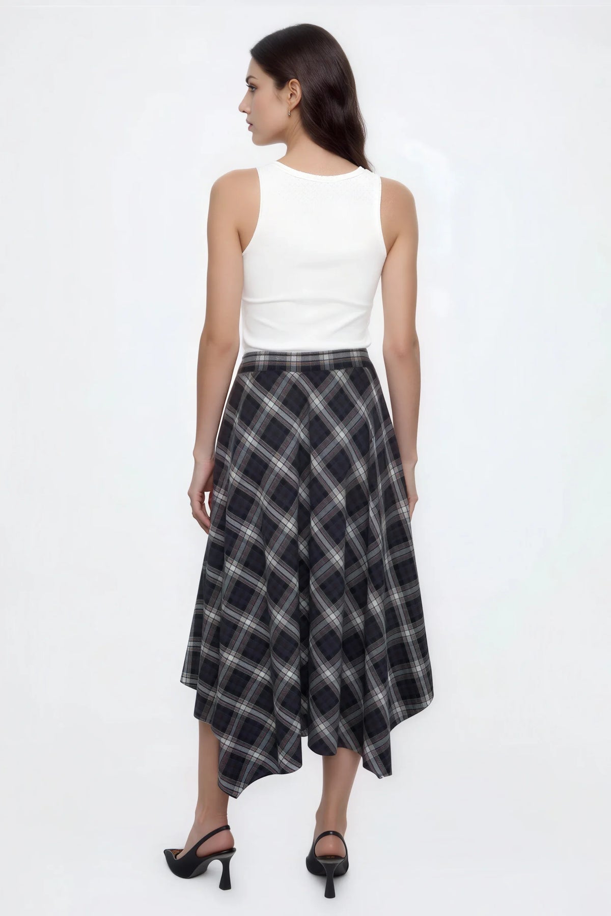 Navy Plaid Asymmetric Midi Skirt Navy