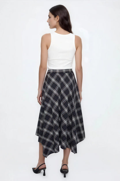 Navy Plaid Asymmetric Midi Skirt Navy