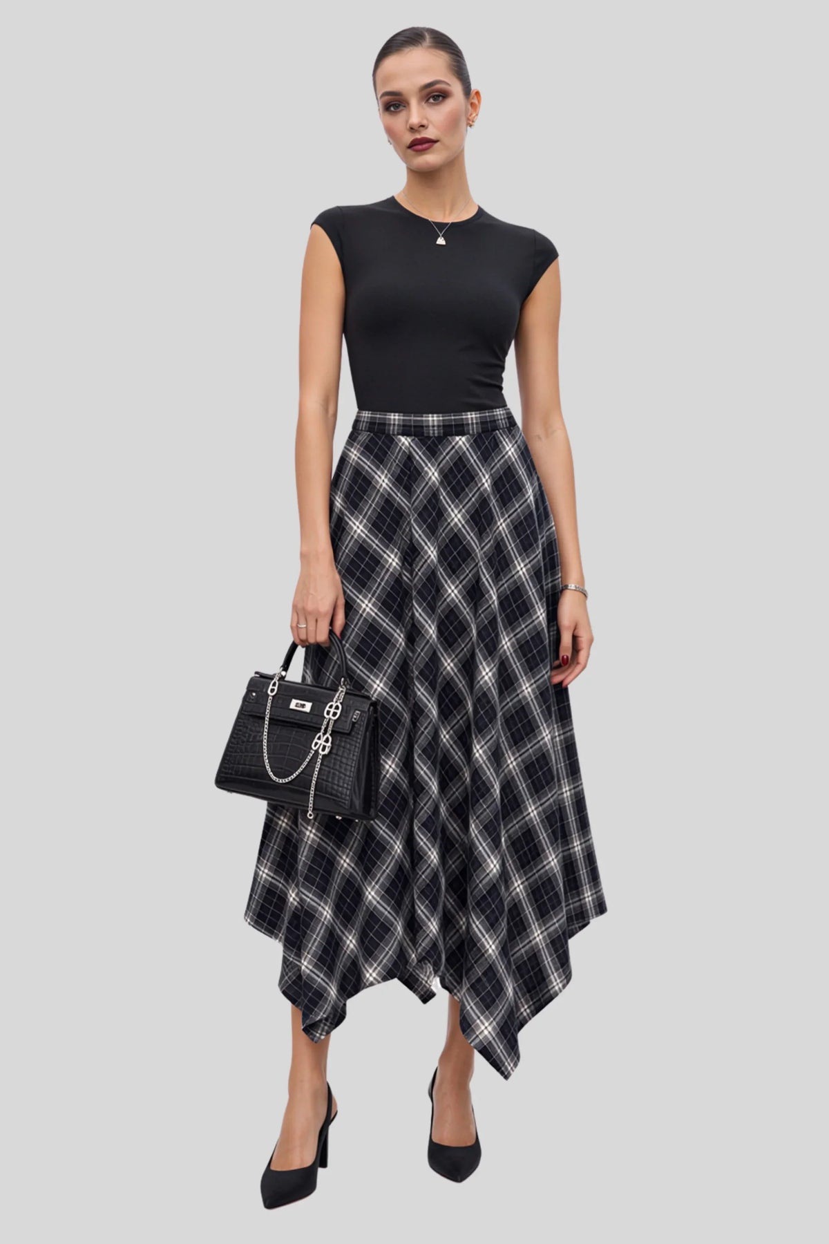 Navy Plaid Asymmetric Midi Skirt Navy