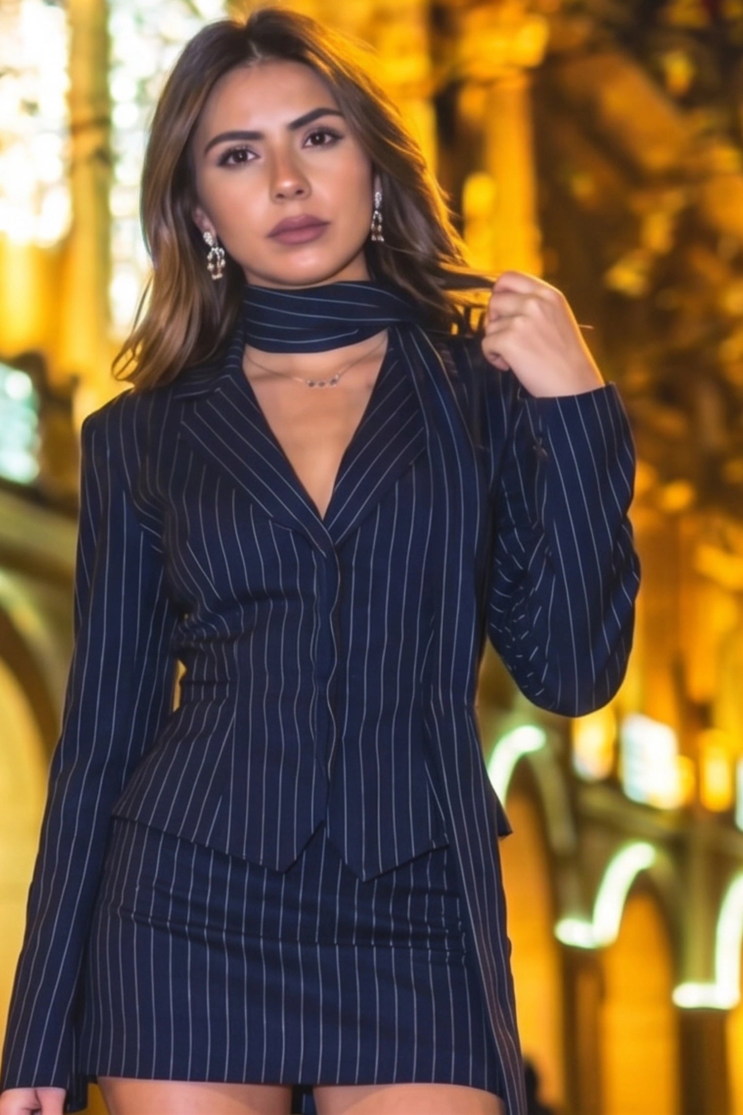 Alzya Navy Striped Blazer and Mini Skirt Set Navy Blue