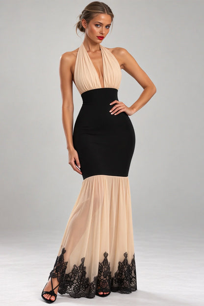 Nude and Black Halter Maxi Dress with Mesh Skirt and Lace Hem Nude