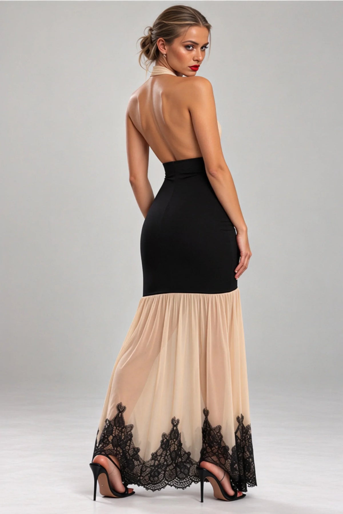 Nude and Black Halter Maxi Dress with Mesh Skirt and Lace Hem Nude