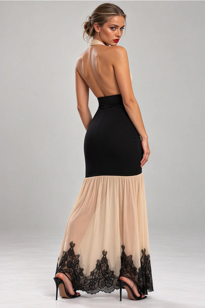 Nude and Black Halter Maxi Dress with Mesh Skirt and Lace Hem Nude