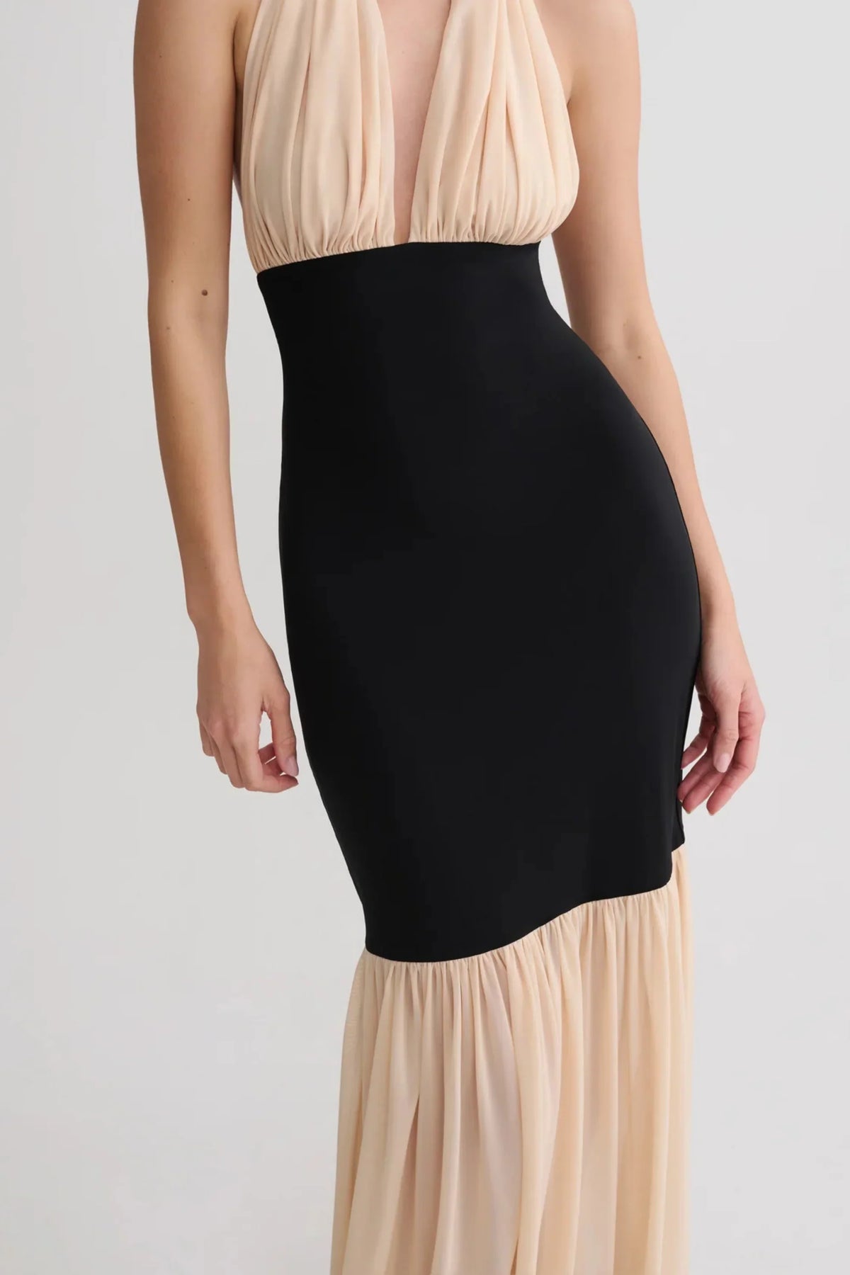Nude and Black Halter Maxi Dress with Mesh Skirt and Lace Hem Nude