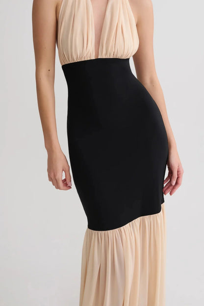 Nude and Black Halter Maxi Dress with Mesh Skirt and Lace Hem Nude