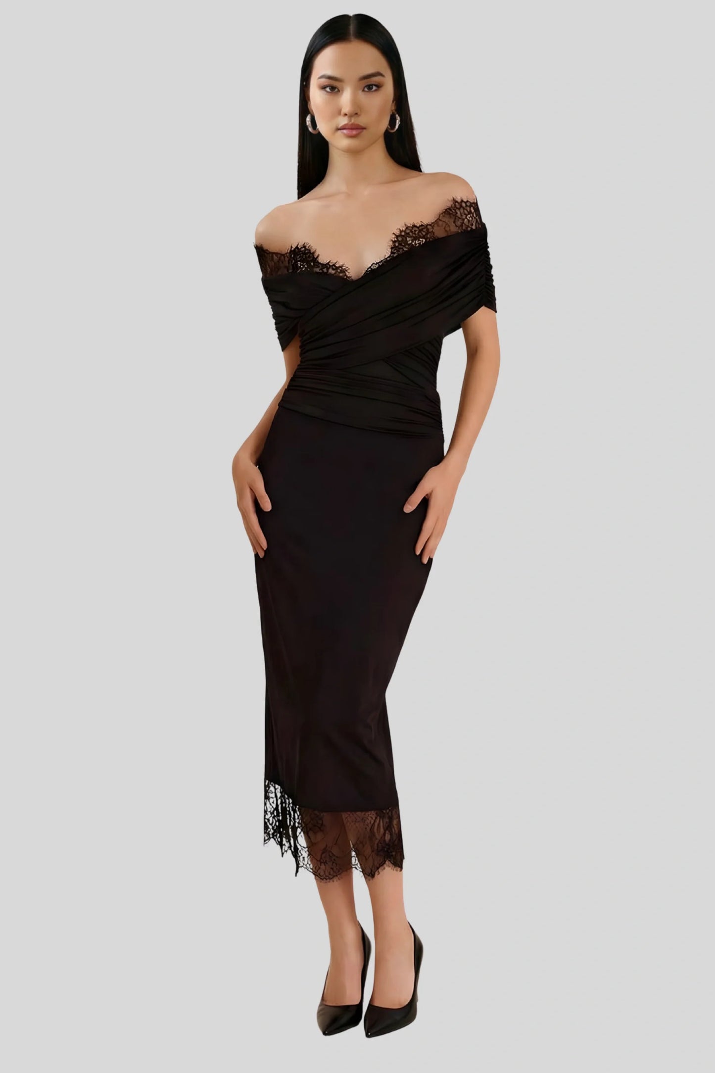 Off shoulder lace fitted maxi dress Black
