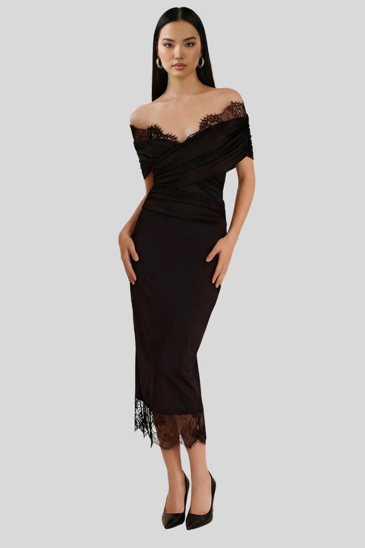 Off shoulder lace fitted maxi dress Black