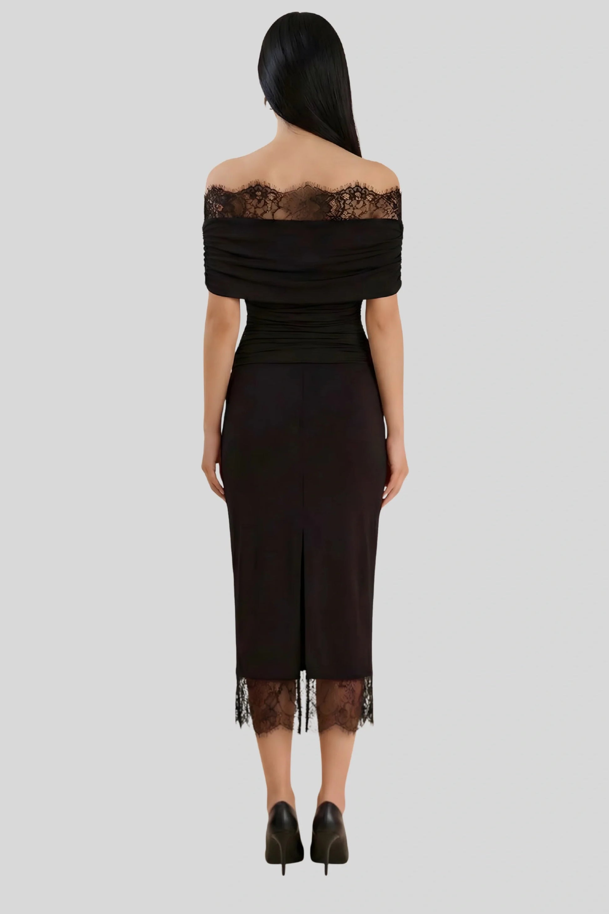 Off shoulder lace fitted maxi dress Black