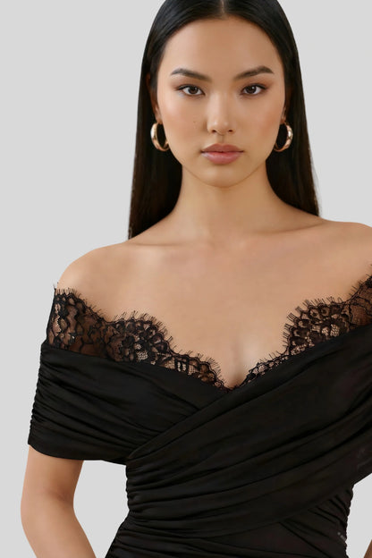 Off shoulder lace fitted maxi dress Black
