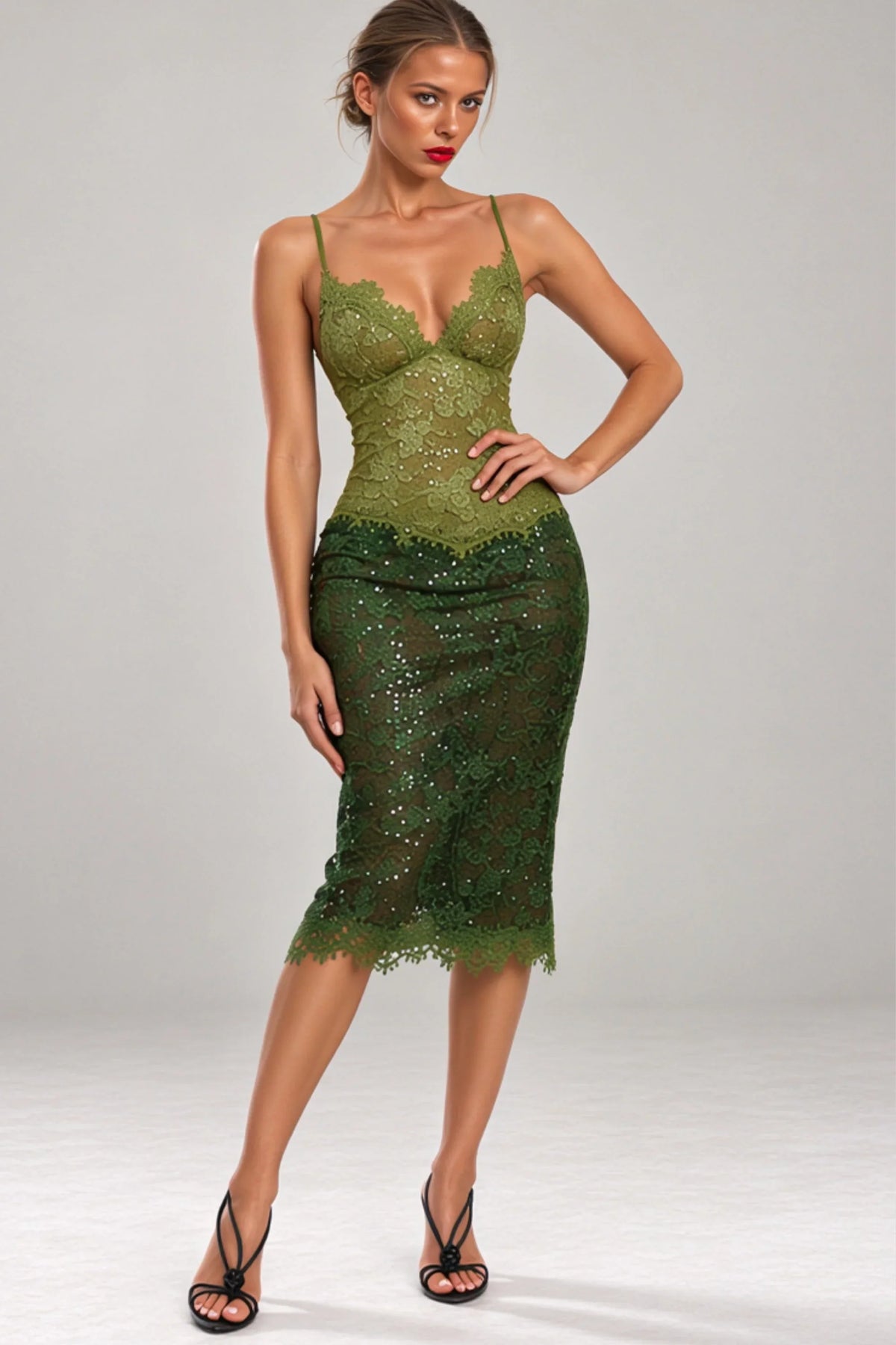 Olive Green Lace and Sequin Midi Dress with Adjustable Straps Olive