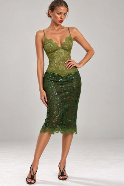 Olive Green Lace and Sequin Midi Dress with Adjustable Straps Olive