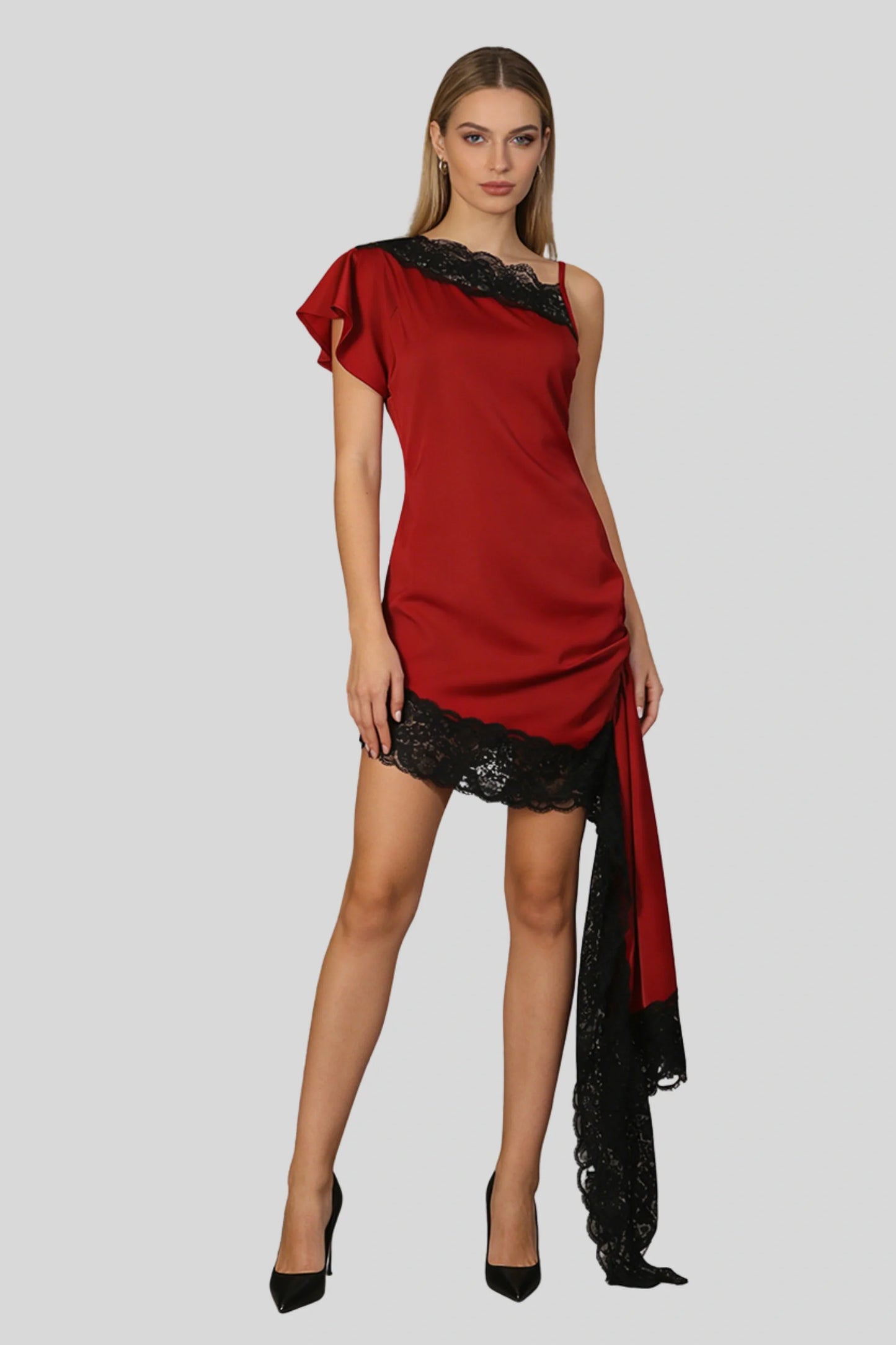 One-Shoulder Lace Trim Mini Dress Red