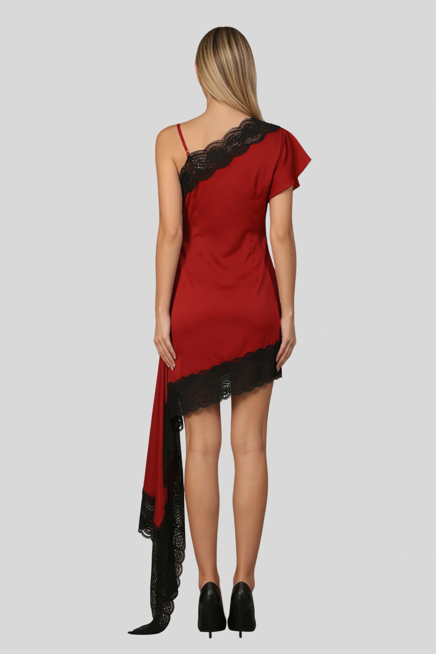 One-Shoulder Lace Trim Mini Dress Red