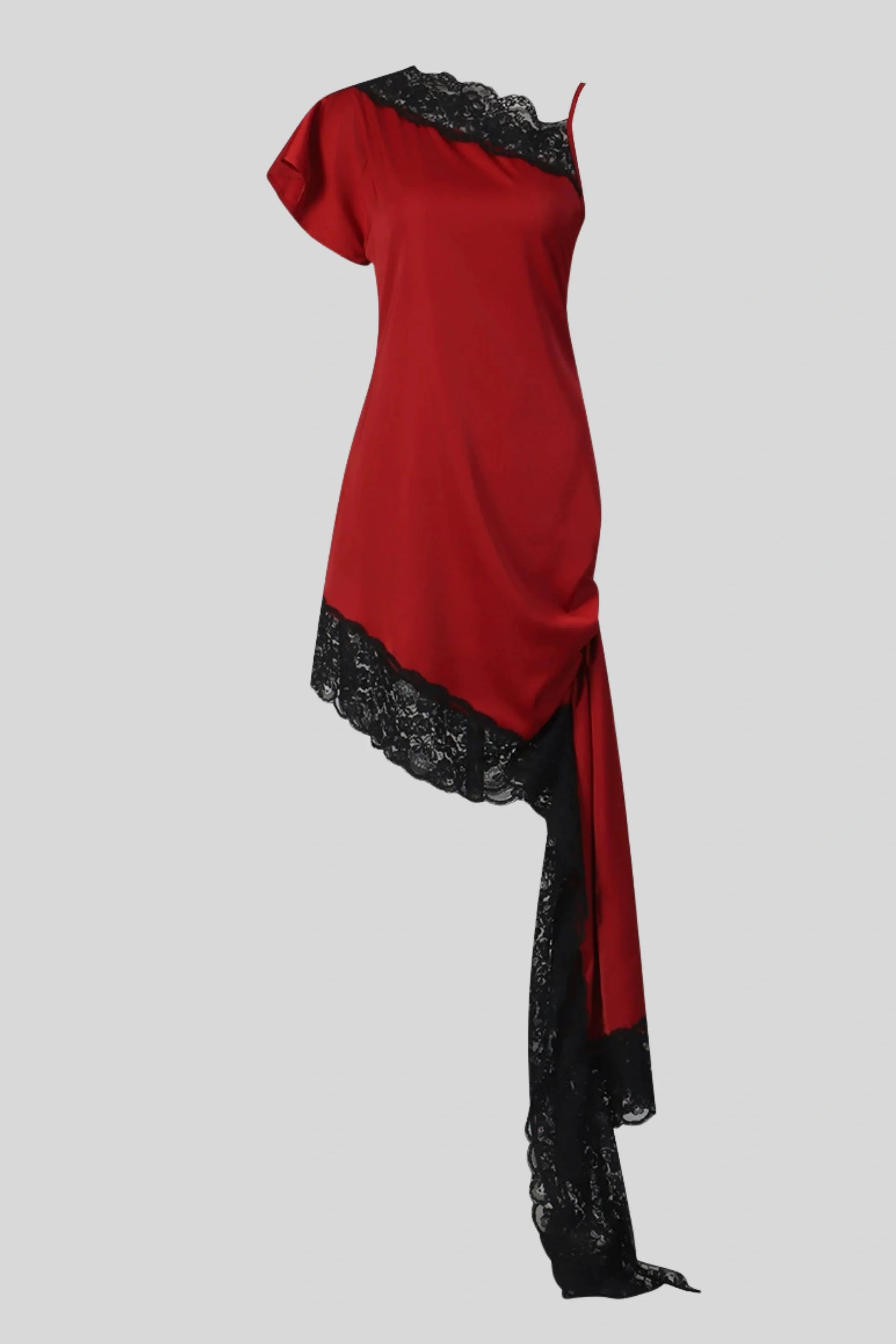One-Shoulder Lace Trim Mini Dress Red