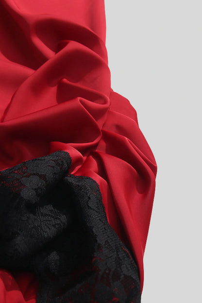 One-Shoulder Lace Trim Mini Dress Red