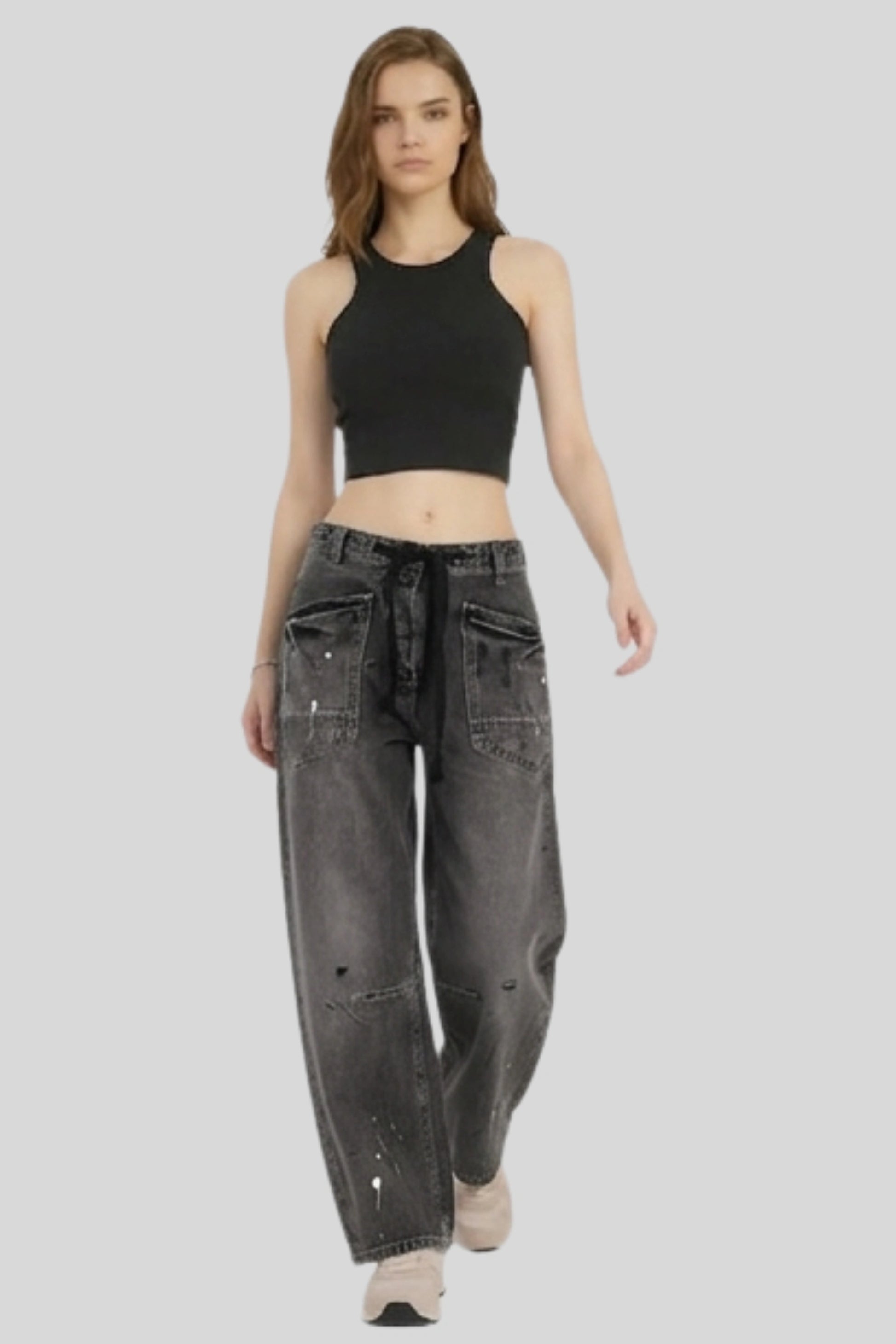 Alzya Patchwork Drawstring Cargo denim jean Pants Smoked Black