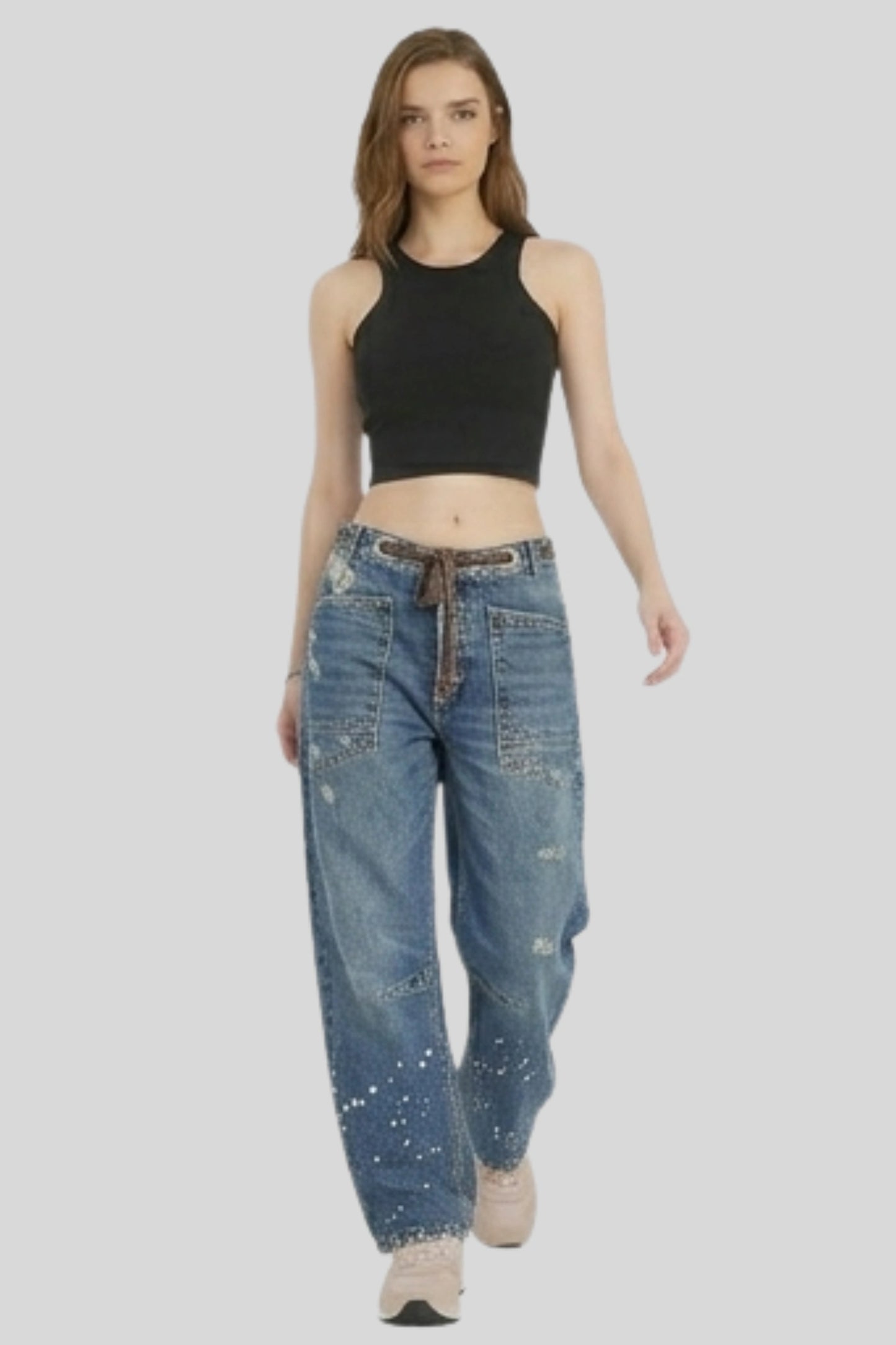 Alzya Patchwork Drawstring Cargo denim jean Pants Calypso Blue