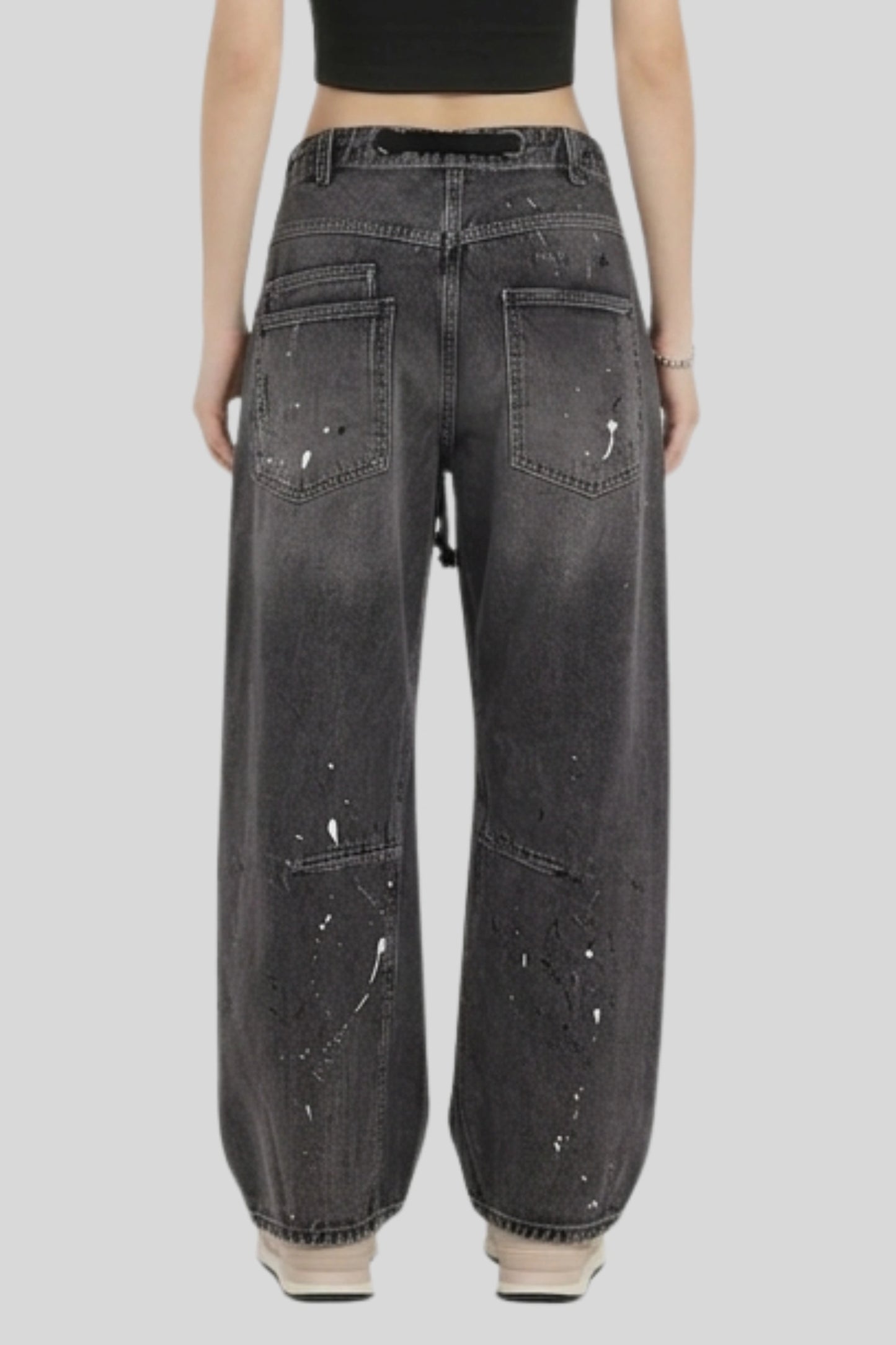 Alzya Patchwork Drawstring Cargo denim jean Pants Smoked Black